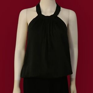 7 for ALL MANKIND Black Striped Blouson Open Back Halter Silk Blend Top